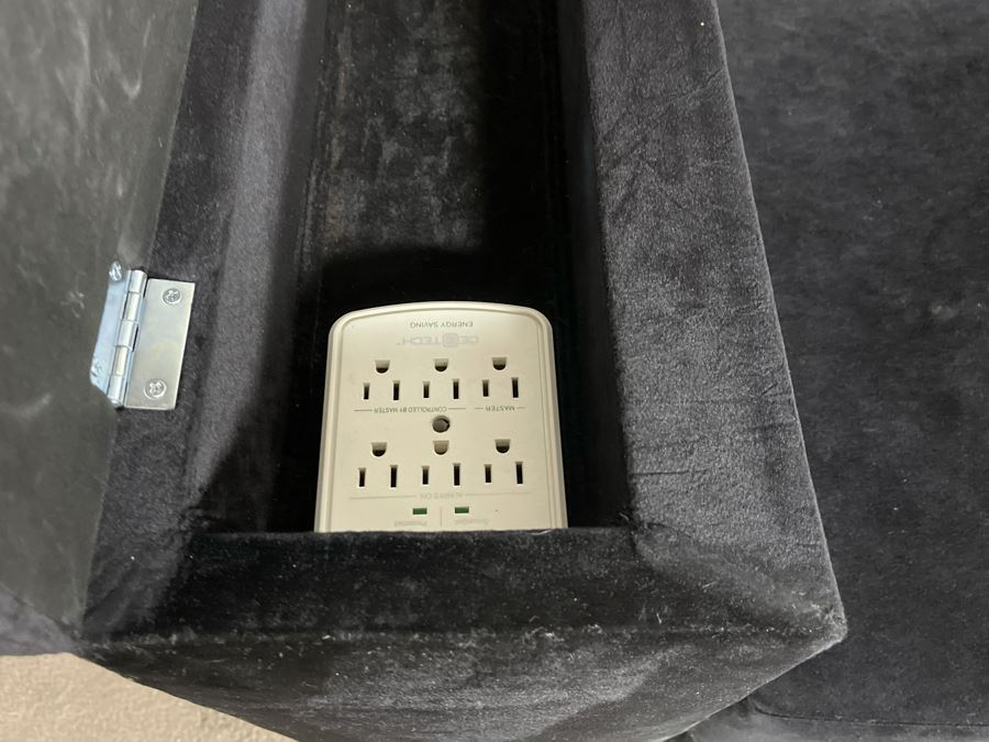 Modernist Long Sofa With Wooden Chrome Finish Base - Armrests Open Up For Storage And Electrical (Depending On The Light It's Black Or Deep Navy) 11.5'L X 38'D X 30'H (HE) [Photo 11]