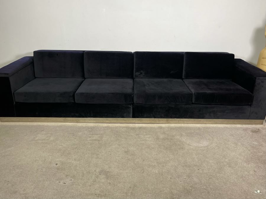 Modernist Long Sofa With Wooden Chrome Finish Base - Armrests Open Up For Storage And Electrical (Depending On The Light It's Black Or Deep Navy) 11.5'L X 38'D X 30'H (HE) [Photo 6]