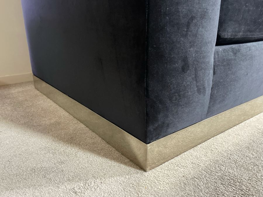 Modernist Long Sofa With Wooden Chrome Finish Base - Armrests Open Up For Storage And Electrical (Depending On The Light It's Black Or Deep Navy) 11.5'L X 38'D X 30'H (HE) [Photo 13]