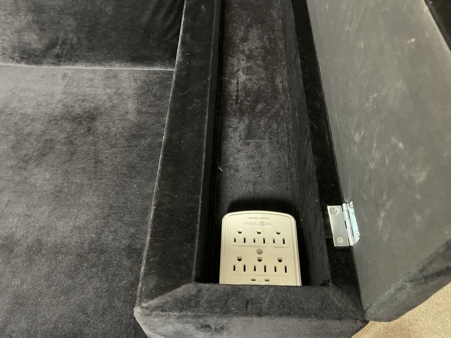 Modernist Long Sofa With Wooden Chrome Finish Base - Armrests Open Up For Storage And Electrical (Depending On The Light It's Black Or Deep Navy) 11.5'L X 38'D X 30'H (HE) [Photo 12]