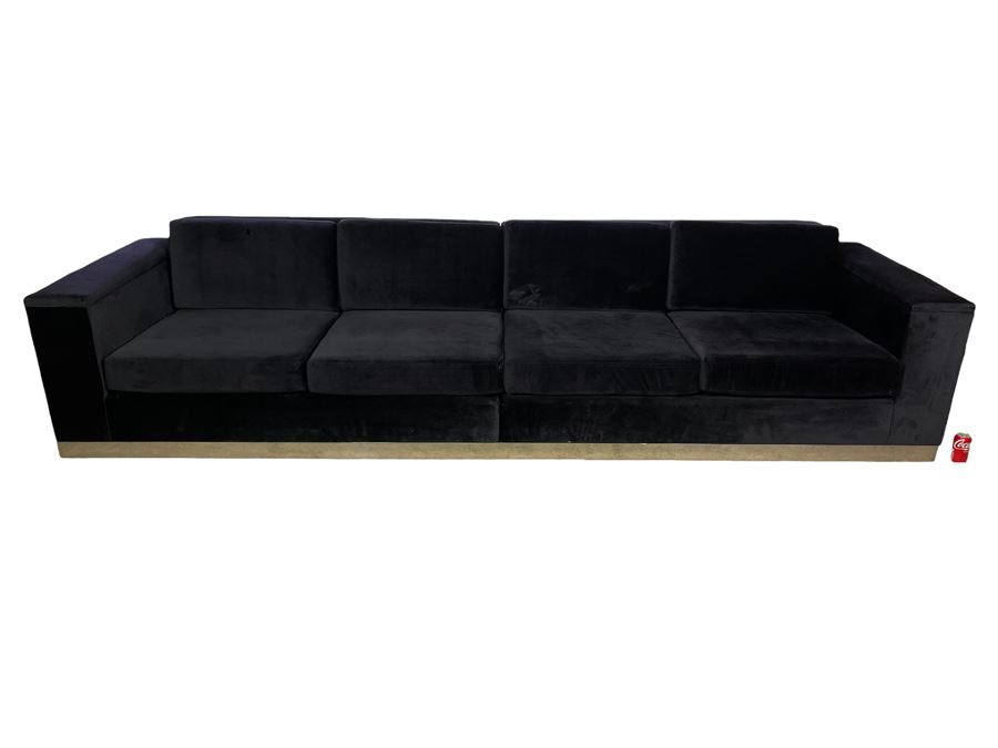 Modernist Long Sofa With Wooden Chrome Finish Base - Armrests Open Up For Storage And Electrical (Depending On The Light It's Black Or Deep Navy) 11.5'L X 38'D X 30'H (HE)