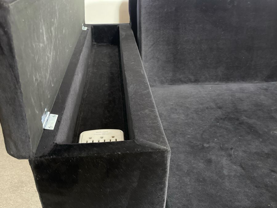 Modernist Long Sofa With Wooden Chrome Finish Base - Armrests Open Up For Storage And Electrical (Depending On The Light It's Black Or Deep Navy) 11.5'L X 38'D X 30'H (HE) [Photo 10]