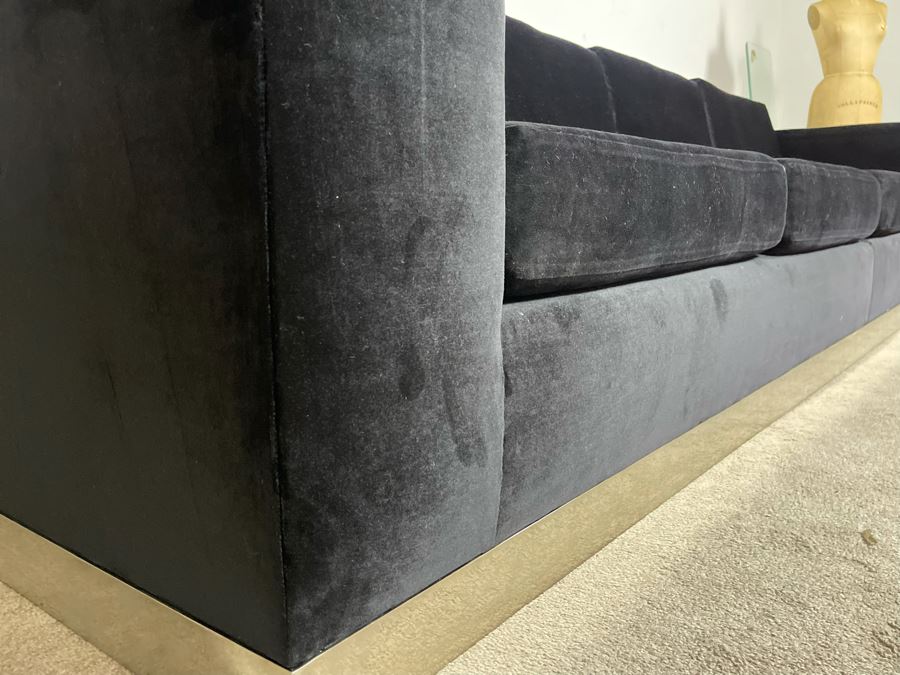Modernist Long Sofa With Wooden Chrome Finish Base - Armrests Open Up For Storage And Electrical (Depending On The Light It's Black Or Deep Navy) 11.5'L X 38'D X 30'H (HE) [Photo 15]