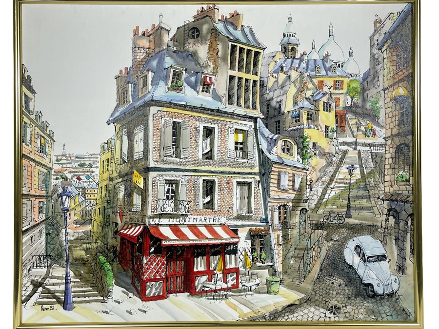 Original Pierre Perspective Painting On Canvas Titled 'La Taillade' Parisian Street Artist Paris France Montmartre 29 X 24