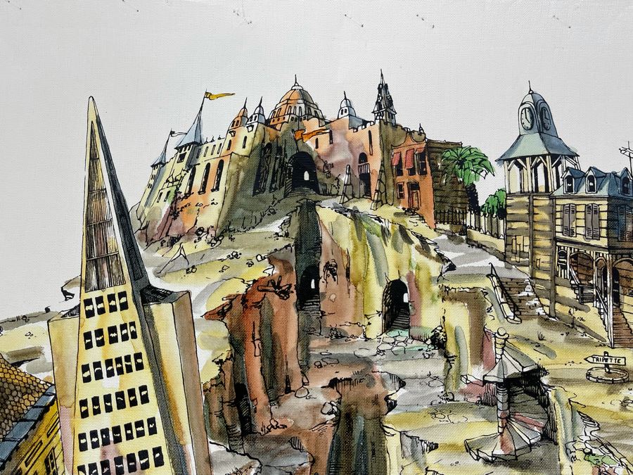 Original Pierre Perspective Painting On Canvas Of Cataclysmic San Francisco Skyline Pierre Was A Parisian Street Artist Paris France Montmartre 35 X 27 [Photo 14]