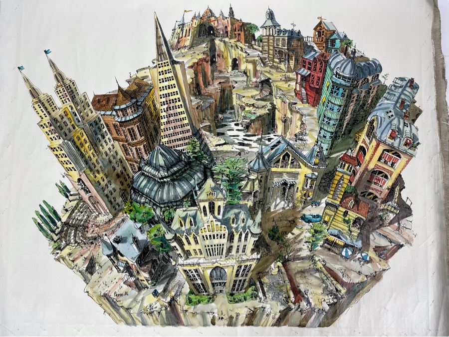 Original Pierre Perspective Painting On Canvas Of Cataclysmic San Francisco Skyline Pierre Was A Parisian Street Artist Paris France Montmartre 35 X 27 [Photo 1]