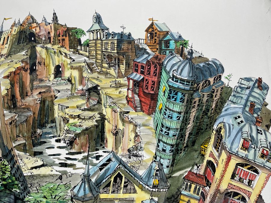 Original Pierre Perspective Painting On Canvas Of Cataclysmic San Francisco Skyline Pierre Was A Parisian Street Artist Paris France Montmartre 35 X 27 [Photo 10]