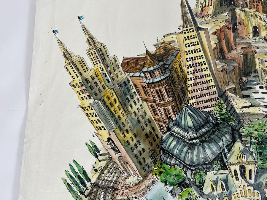 Original Pierre Perspective Painting On Canvas Of Cataclysmic San Francisco Skyline Pierre Was A Parisian Street Artist Paris France Montmartre 35 X 27 [Photo 6]