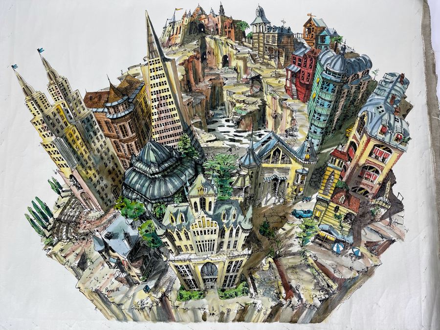Original Pierre Perspective Painting On Canvas Of Cataclysmic San Francisco Skyline Pierre Was A Parisian Street Artist Paris France Montmartre 35 X 27 [Photo 2]
