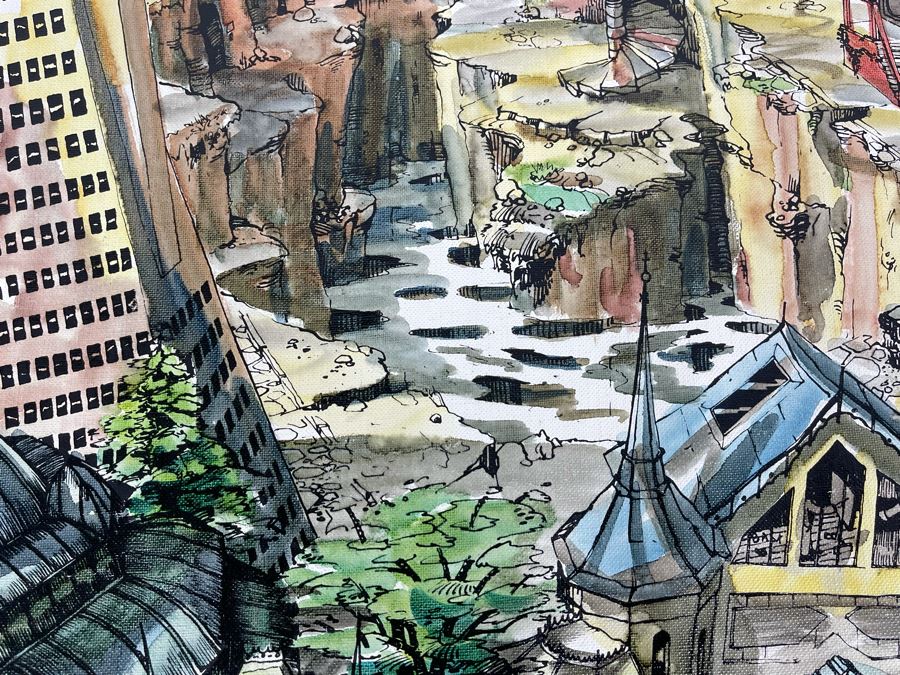 Original Pierre Perspective Painting On Canvas Of Cataclysmic San Francisco Skyline Pierre Was A Parisian Street Artist Paris France Montmartre 35 X 27 [Photo 18]