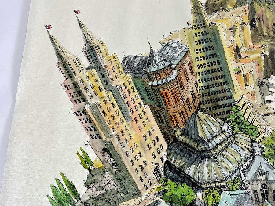 Original Pierre Perspective Painting On Canvas Of Cataclysmic San Francisco Skyline Pierre Was A Parisian Street Artist Paris France Montmartre 33 X 28 [Photo 6]