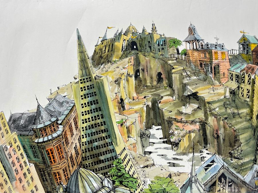 Original Pierre Perspective Painting On Canvas Of Cataclysmic San Francisco Skyline Pierre Was A Parisian Street Artist Paris France Montmartre 33 X 28 [Photo 8]
