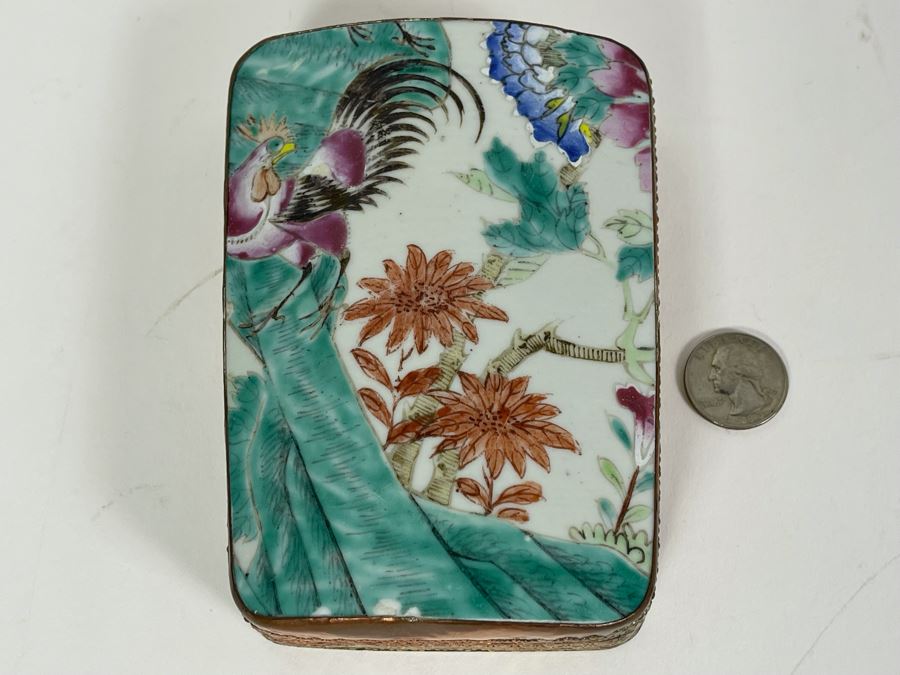 Vintage Chinese Old Porcelain Hand Painted Shard Metal Trinket Box 4W X 5.5L X 2H [Photo 2]