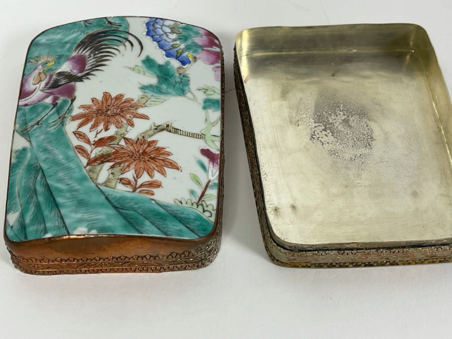 Vintage Chinese Old Porcelain Hand Painted Shard Metal Trinket Box 4W X 5.5L X 2H [Photo 6]