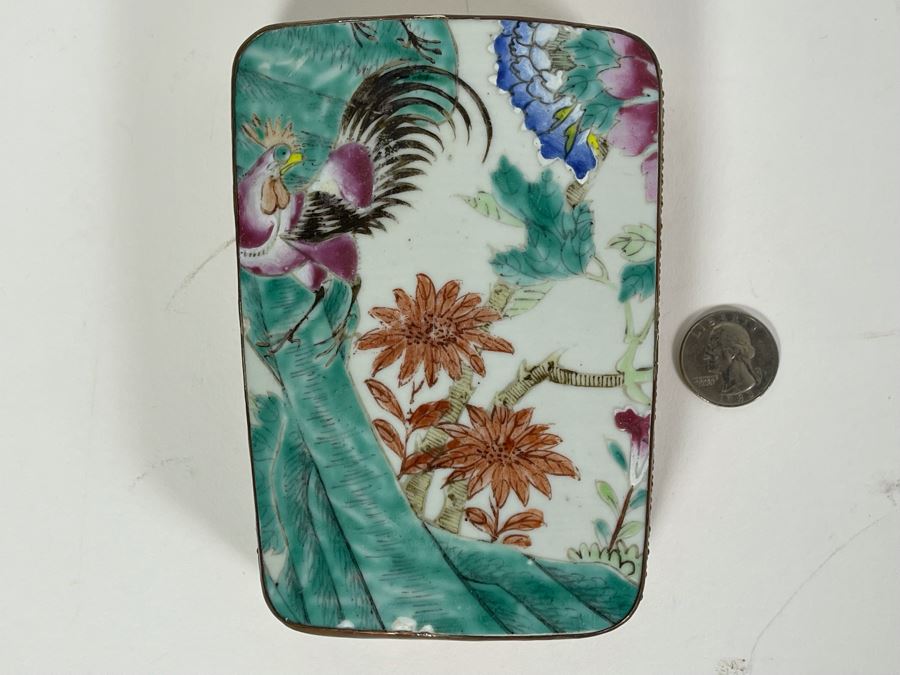 Vintage Chinese Old Porcelain Hand Painted Shard Metal Trinket Box 4W X 5.5L X 2H [Photo 3]