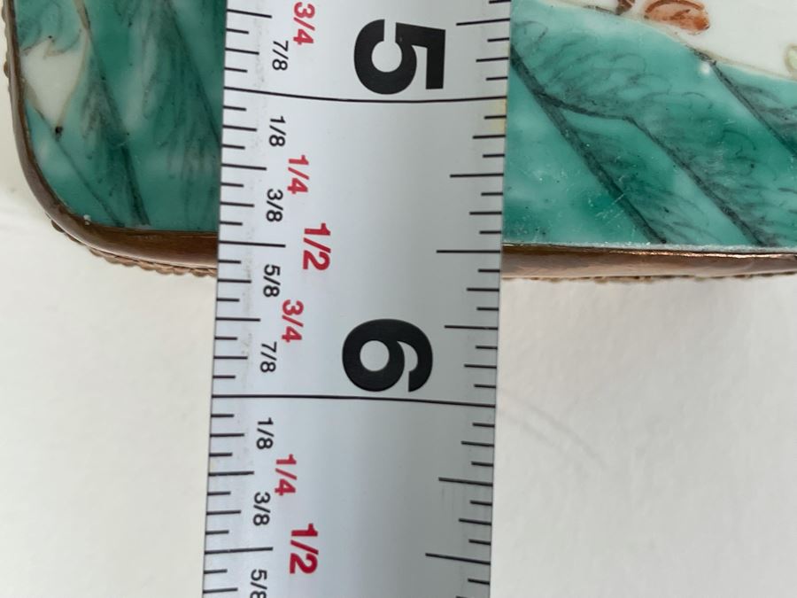 Vintage Chinese Old Porcelain Hand Painted Shard Metal Trinket Box 4W X 5.5L X 2H [Photo 9]