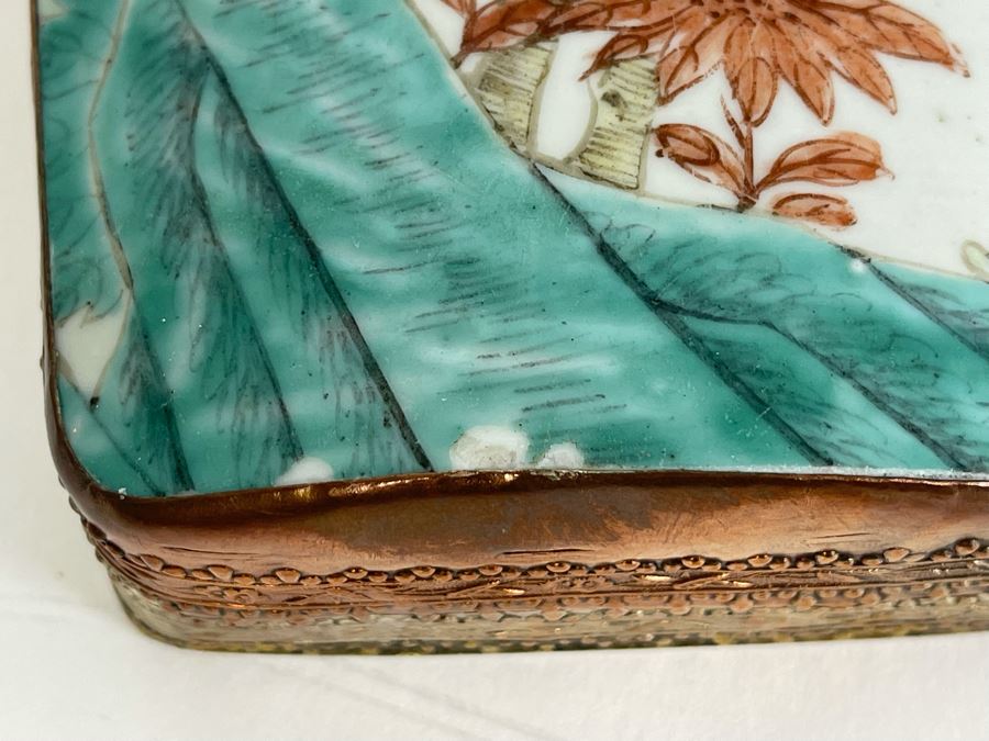Vintage Chinese Old Porcelain Hand Painted Shard Metal Trinket Box 4W X 5.5L X 2H [Photo 10]