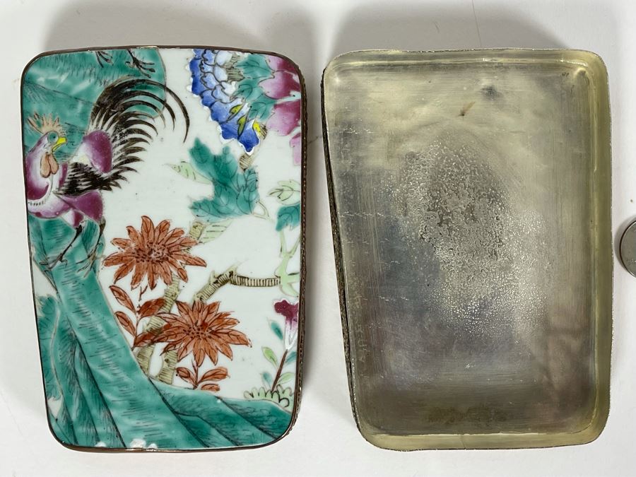 Vintage Chinese Old Porcelain Hand Painted Shard Metal Trinket Box 4W X 5.5L X 2H [Photo 4]