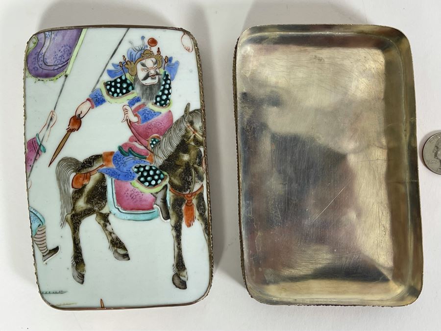Vintage Chinese Old Porcelain Hand Painted Shard Metal Trinket Box 4W X 6L X 2H [Photo 2]