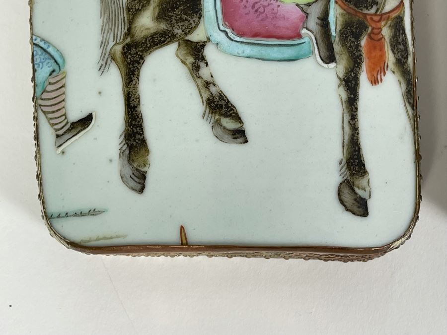 Vintage Chinese Old Porcelain Hand Painted Shard Metal Trinket Box 4W X 6L X 2H [Photo 6]