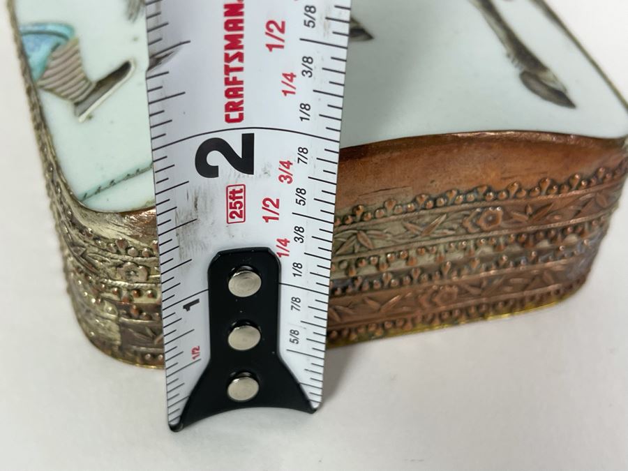 Vintage Chinese Old Porcelain Hand Painted Shard Metal Trinket Box 4W X 6L X 2H [Photo 11]