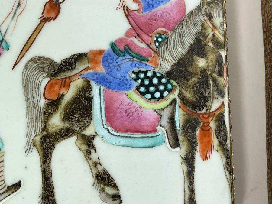 Vintage Chinese Old Porcelain Hand Painted Shard Metal Trinket Box 4W X 6L X 2H [Photo 5]