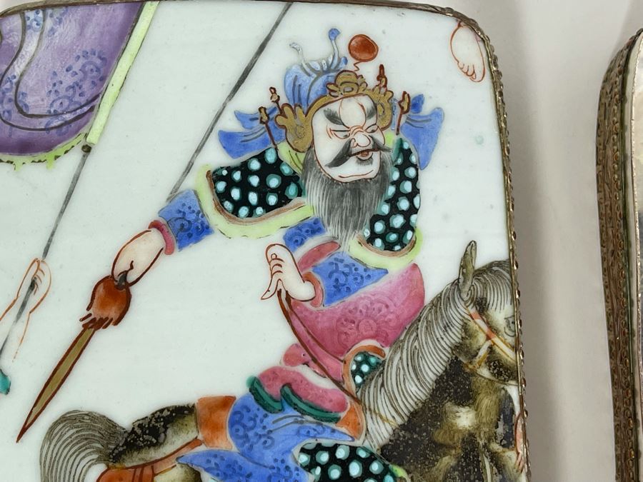 Vintage Chinese Old Porcelain Hand Painted Shard Metal Trinket Box 4W X 6L X 2H [Photo 4]