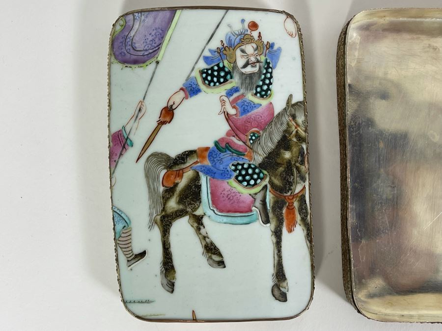 Vintage Chinese Old Porcelain Hand Painted Shard Metal Trinket Box 4W X 6L X 2H [Photo 3]