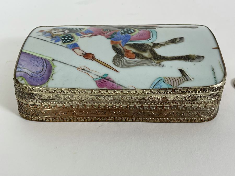 Vintage Chinese Old Porcelain Hand Painted Shard Metal Trinket Box 4W X 6L X 2H [Photo 7]
