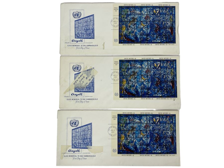 (3) Vintage 1967 First Day Cover Stamps Of Marc Chagall Glass Memorial To Dag Hammarskjold [Photo 1]