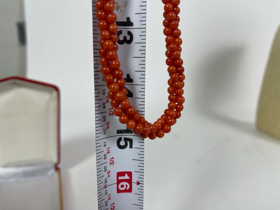Triple Strand Coral Beads 30' Necklace With Pair Of Coral Earrings [Photo 11]