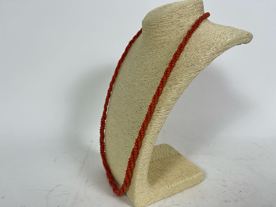 Triple Strand Coral Beads 30' Necklace With Pair Of Coral Earrings [Photo 10]