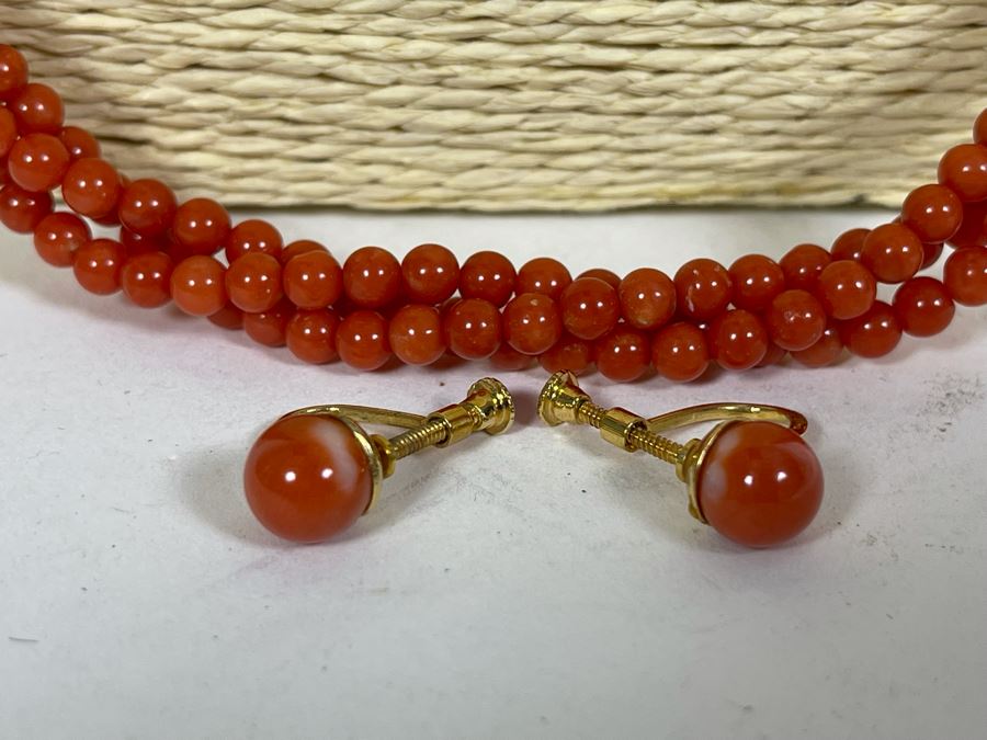 Triple Strand Coral Beads 30' Necklace With Pair Of Coral Earrings [Photo 3]