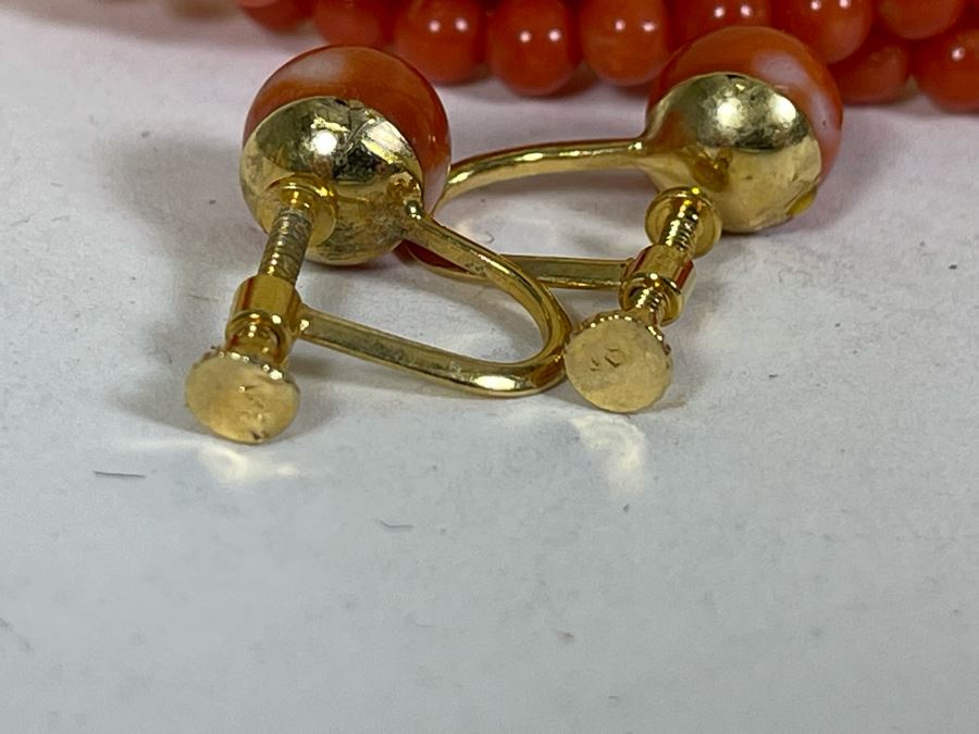 Triple Strand Coral Beads 30' Necklace With Pair Of Coral Earrings [Photo 7]