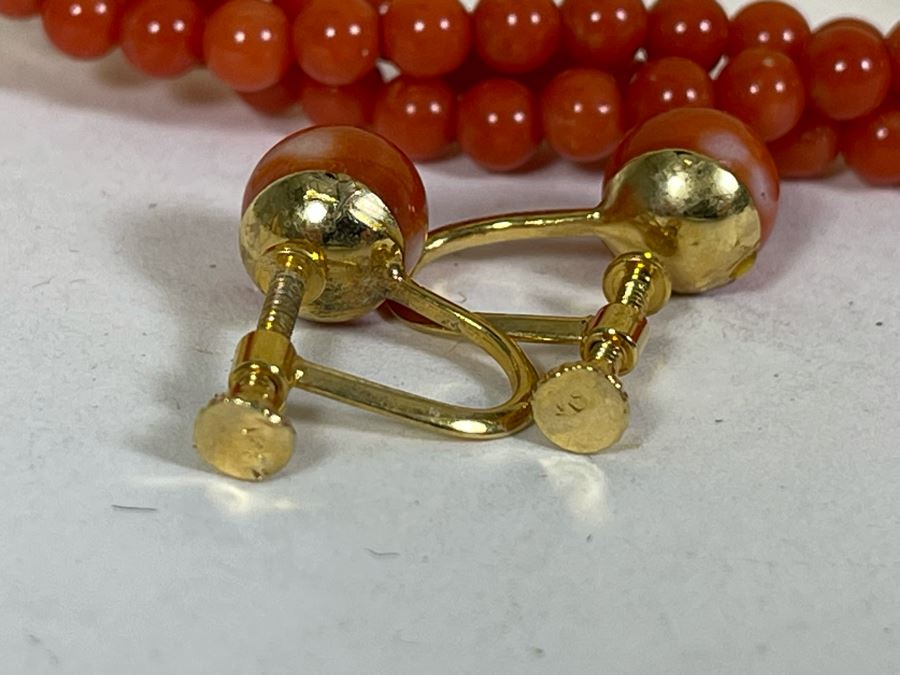 Triple Strand Coral Beads 30' Necklace With Pair Of Coral Earrings [Photo 8]