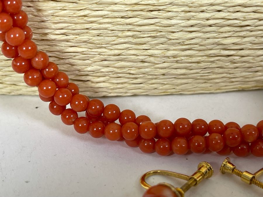 Triple Strand Coral Beads 30' Necklace With Pair Of Coral Earrings [Photo 4]