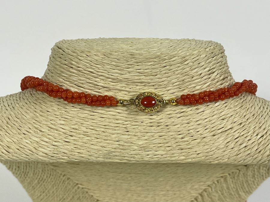 Triple Strand Coral Beads 30' Necklace With Pair Of Coral Earrings [Photo 9]