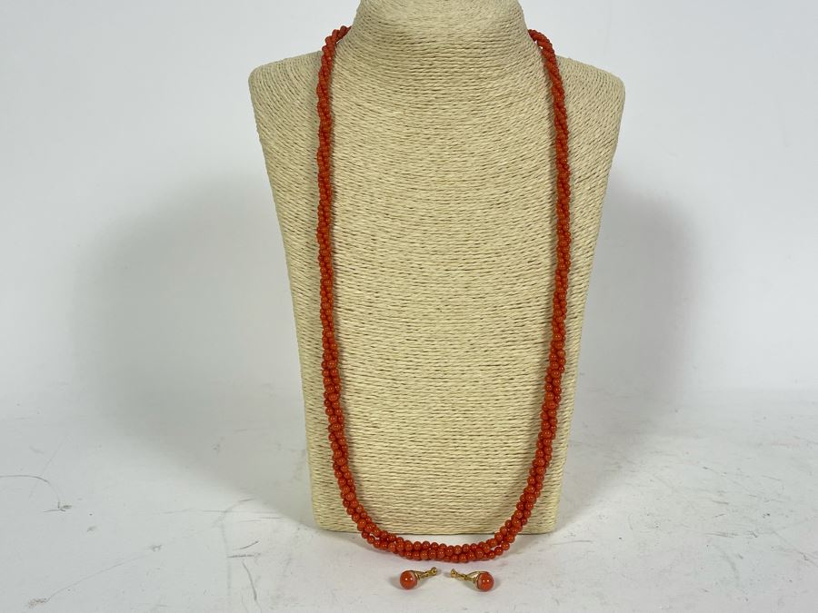 Triple Strand Coral Beads 30' Necklace With Pair Of Coral Earrings [Photo 2]