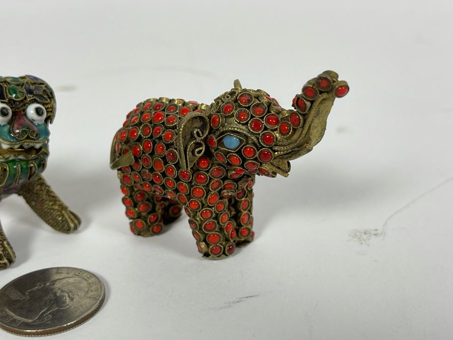 Vintage Nepalese Tibetan Brass Filigree Elephant With Inlayed Turquoise And Coral And Pair Of Foo Dogs Figurines [Photo 7]