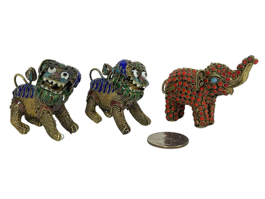 Vintage Nepalese Tibetan Brass Filigree Elephant With Inlayed Turquoise And Coral And Pair Of Foo Dogs Figurines [Photo 1]