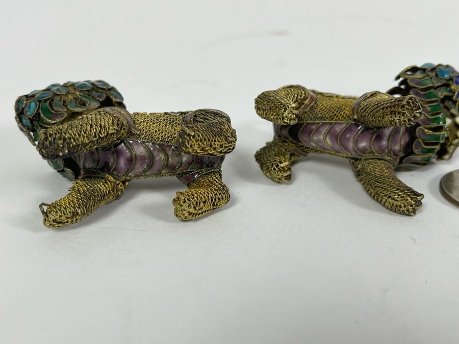 Vintage Nepalese Tibetan Brass Filigree Elephant With Inlayed Turquoise And Coral And Pair Of Foo Dogs Figurines [Photo 11]