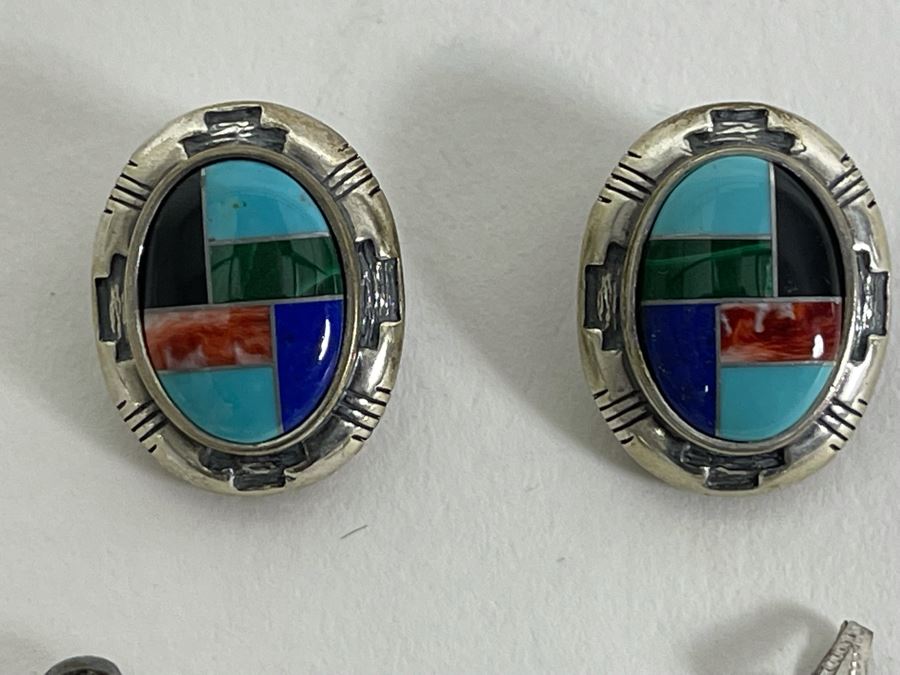 Sterling Silver Inlaid Stone Earrings, Sterling Silver Trifari Eagle Pin And Sterling Silver Chai Pendant 16g Total Weight [Photo 6]