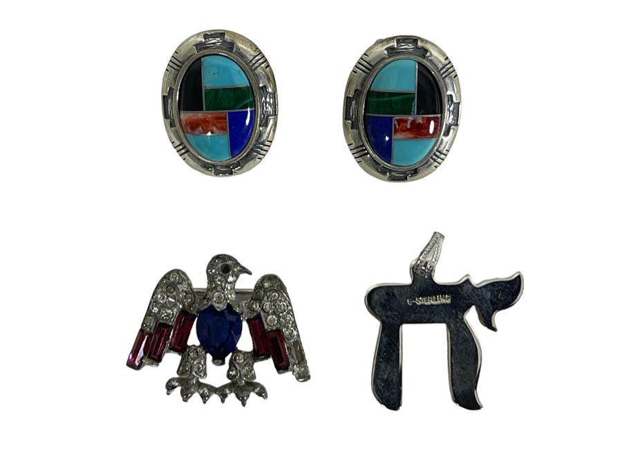 Sterling Silver Inlaid Stone Earrings, Sterling Silver Trifari Eagle Pin And Sterling Silver Chai Pendant 16g Total Weight [Photo 1]