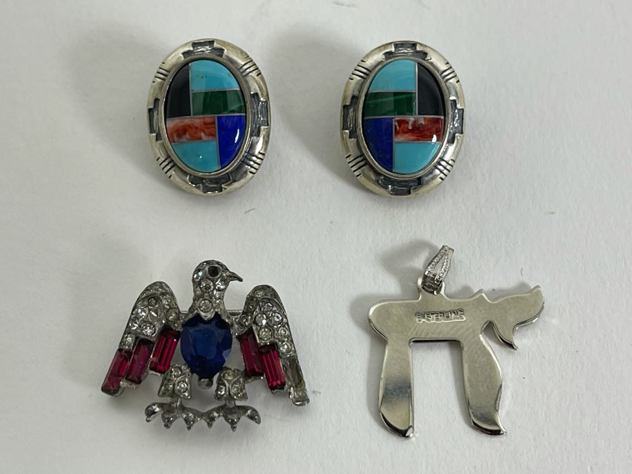Sterling Silver Inlaid Stone Earrings, Sterling Silver Trifari Eagle Pin And Sterling Silver Chai Pendant 16g Total Weight [Photo 3]