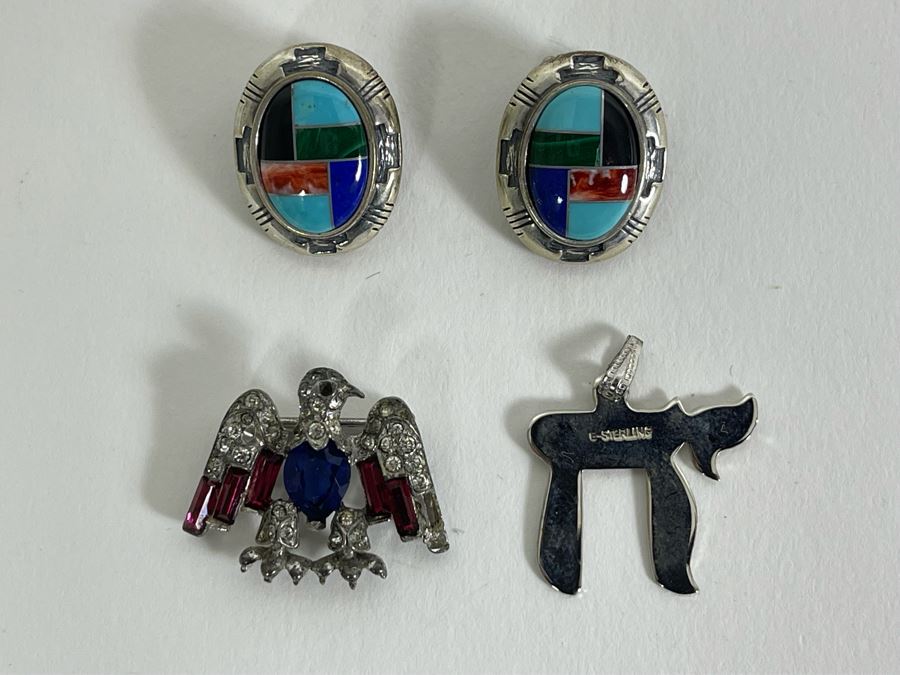 Sterling Silver Inlaid Stone Earrings, Sterling Silver Trifari Eagle Pin And Sterling Silver Chai Pendant 16g Total Weight [Photo 2]