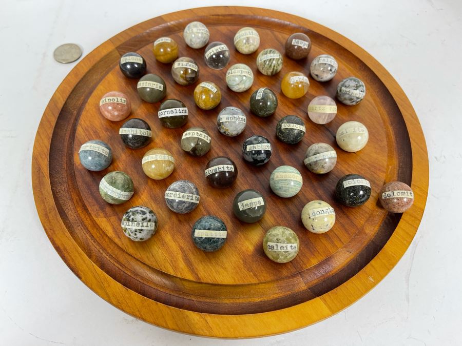 Vintage Solitaire Set With Semi-Precious Stone Marble Collection With Wooden Display 10.5R [Photo 2]