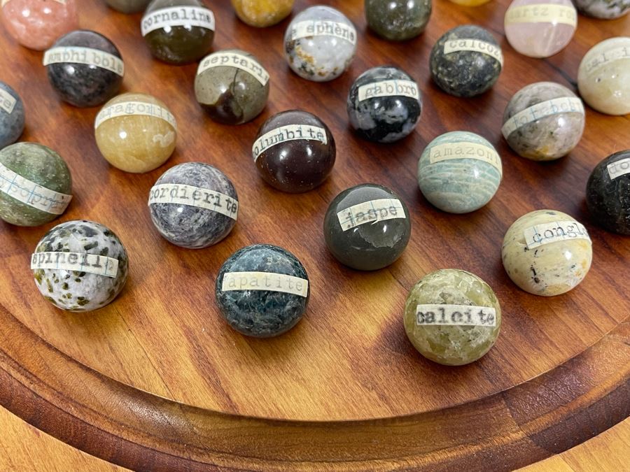 Vintage Solitaire Set With Semi-Precious Stone Marble Collection With Wooden Display 10.5R [Photo 3]