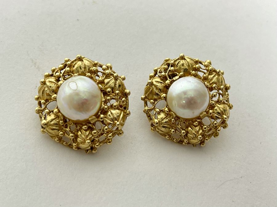 14K Gold Pearl Earrings 12g