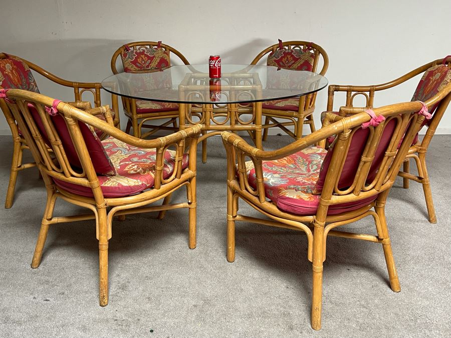 Vintage Bamboo / Rattan Dining Table 48R X 28H With Six Armchairs [Photo 4]