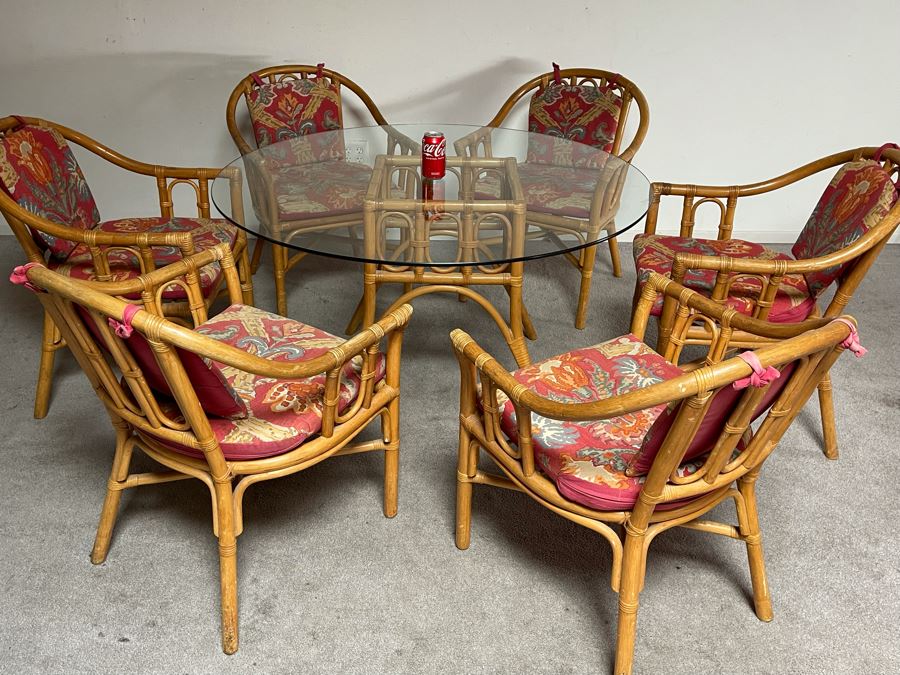 Vintage Bamboo / Rattan Dining Table 48R X 28H With Six Armchairs [Photo 3]
